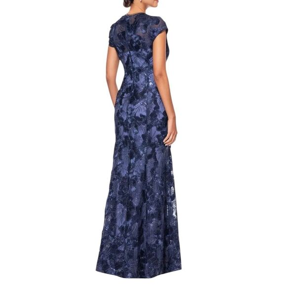 Betsy and Adam Navy Sequin Lace Soutache V Neck Mermaid Gown | Size 10 - Picture 2 of 12